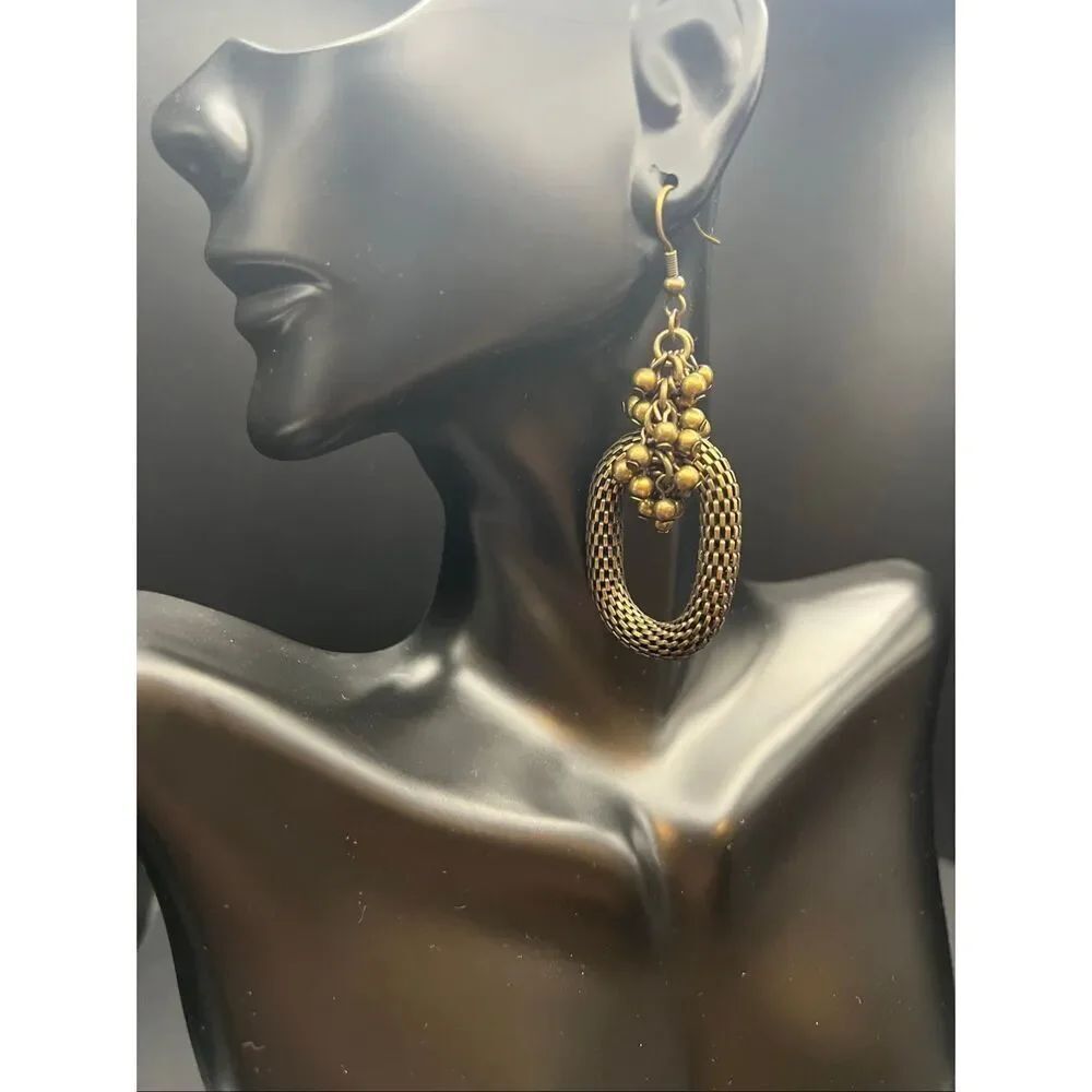 Bronze Tone Hollow Popcorn Mesh Hoop Cluster Metallic Beads Drop Earrings
